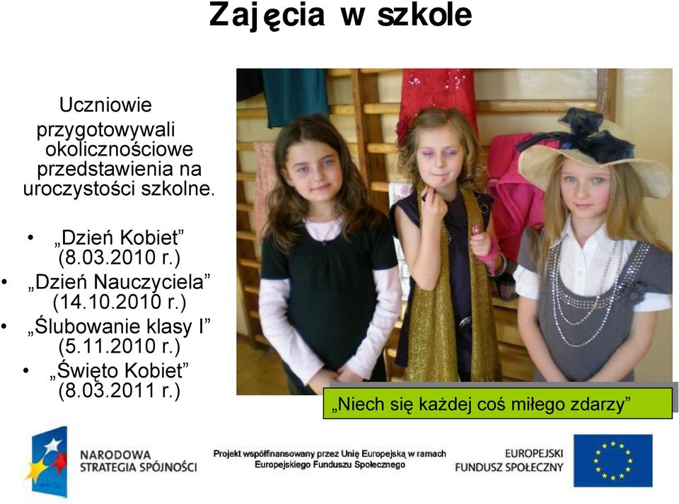 ) Dzień Nauczyciela (14.10.2010 r.) Ślubowanie klasy I (5.11.2010 r.) Święto Kobiet (8.