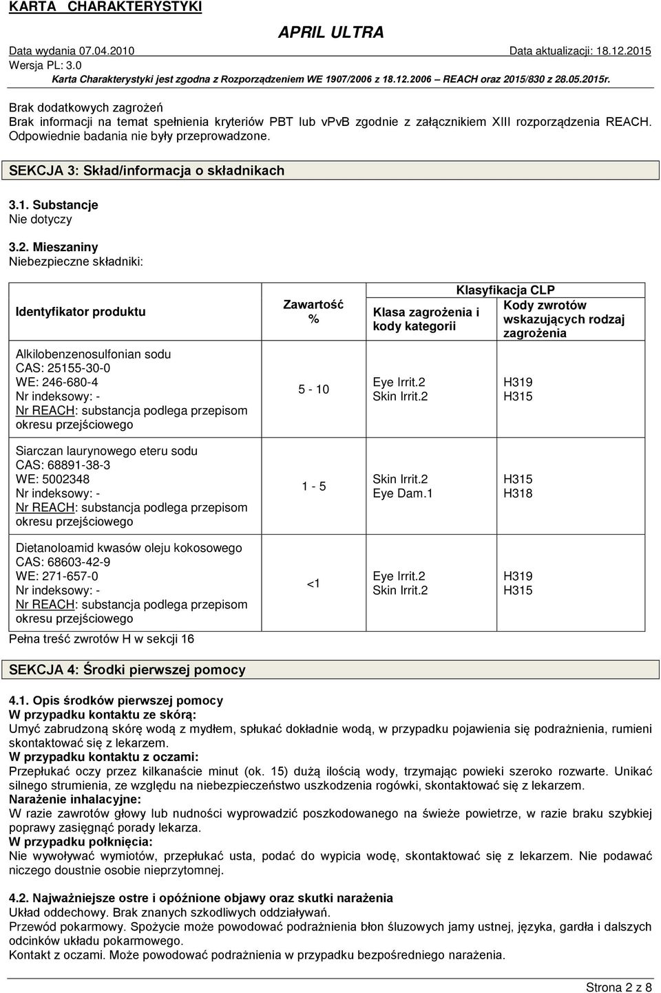 Mieszaniny Niebezpieczne składniki: Identyfikator produktu Alkilobenzenosulfonian sodu CAS: 25155-30-0 WE: 246-680-4 Nr indeksowy: - Nr REACH: substancja podlega przepisom okresu przejściowego