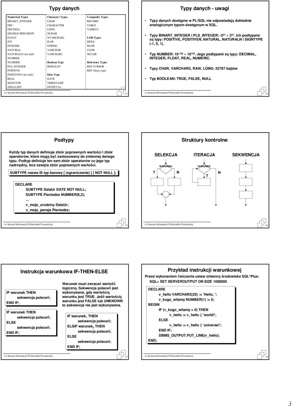 BFILE BLOB CLOB NCLOB Reference Types REF CURSOR REF object_type Typy danych dostępne w PL/SQL nie odpowiadają dokładnie analogicznym typom dostępnym w SQL.