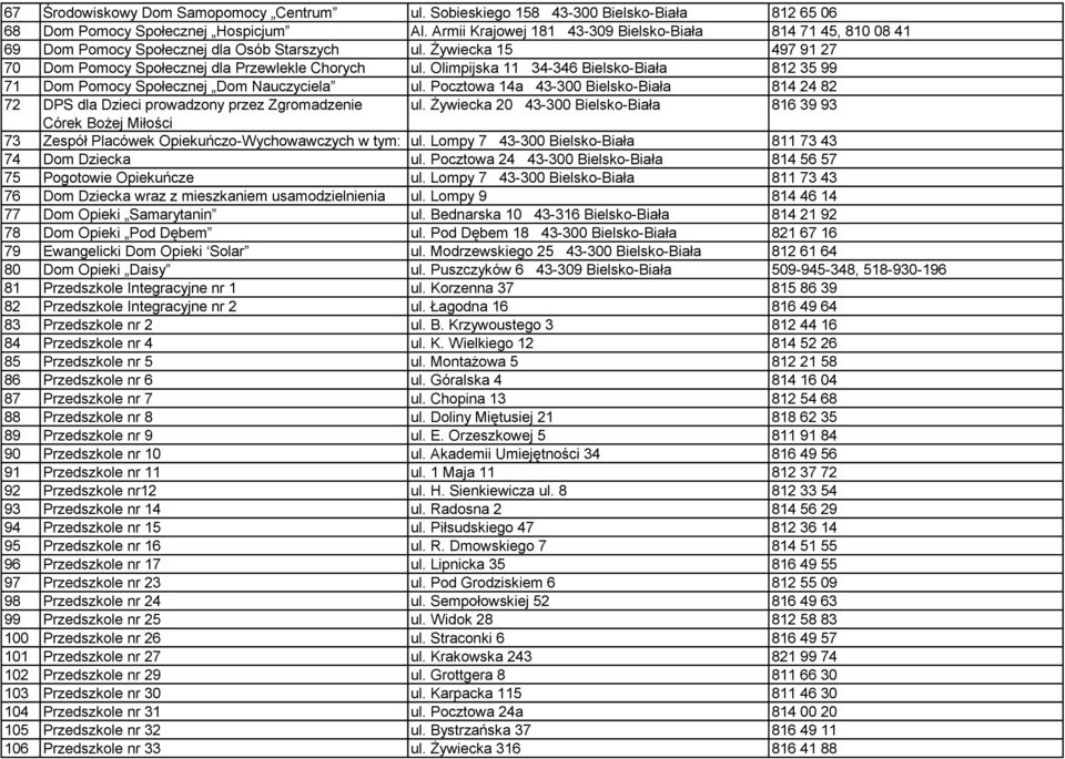 Żywiecka 15 497 91 27 Dom Pomocy Społecznej dla Przewlekle Chorych ul. Olimpijska 11 34-346 Bielsko-Biała 812 35 99 Dom Pomocy Społecznej Dom Nauczyciela ul.