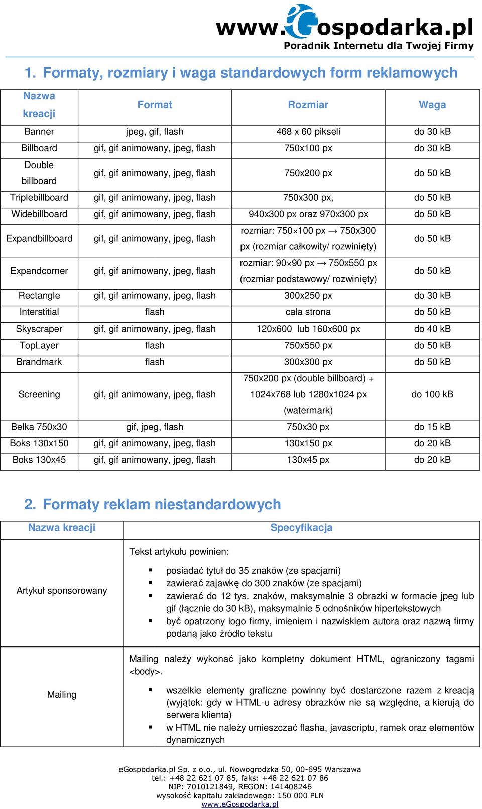 (rozmiar podstawowy/ rozwinięty) Rectangle 300x250 px do 30 kb Interstitial flash cała strona Skyscraper 120x600 lub 160x600 px do 40 kb TopLayer flash 750x550 px Brandmark flash 300x300 px 750x200