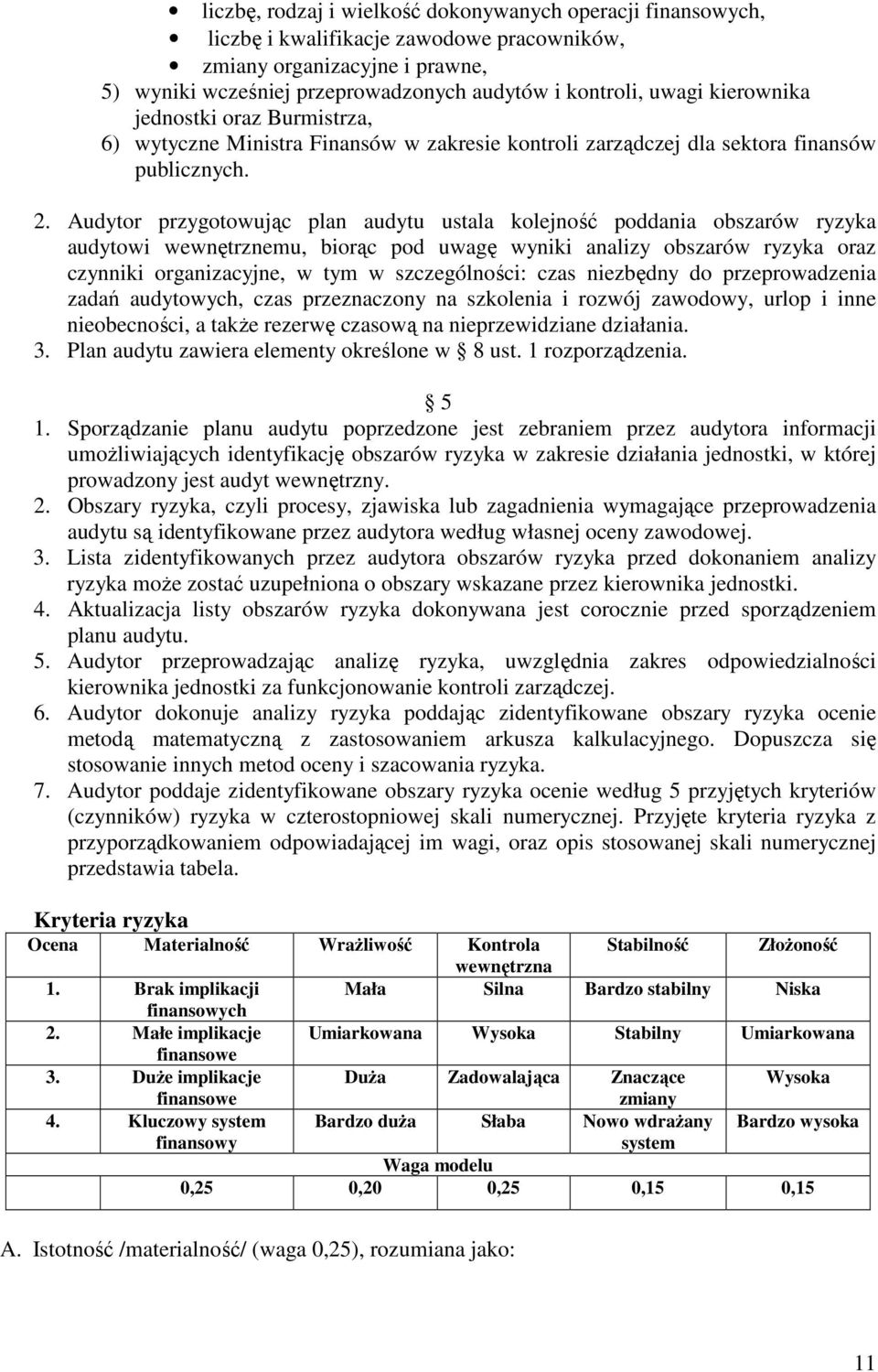 Audytor przygotowując plan audytu ustala kolejność poddania obszarów ryzyka audytowi wewnętrznemu, biorąc pod uwagę wyniki analizy obszarów ryzyka oraz czynniki organizacyjne, w tym w szczególności: