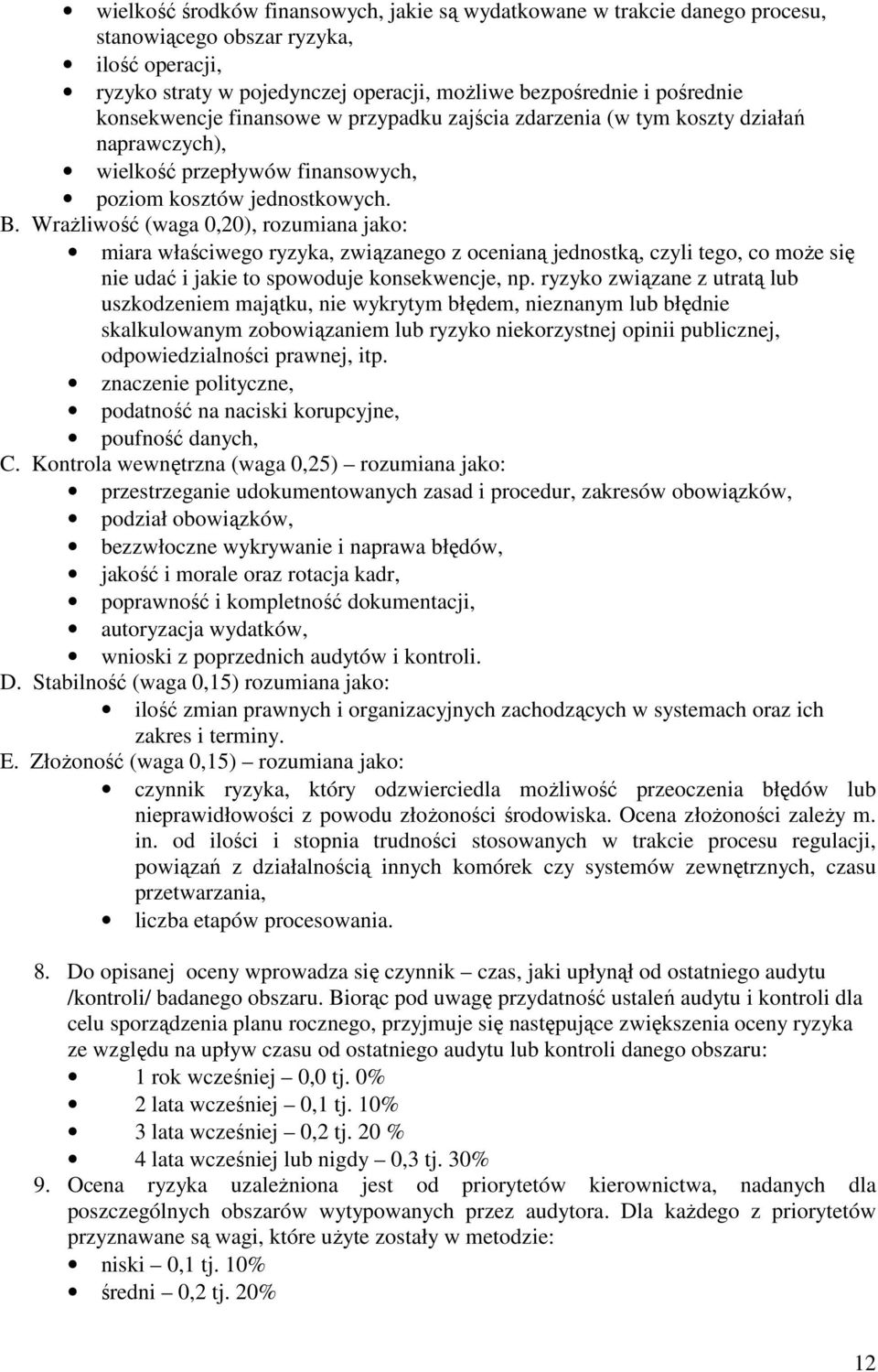 WraŜliwość (waga 0,20), rozumiana jako: miara właściwego ryzyka, związanego z ocenianą jednostką, czyli tego, co moŝe się nie udać i jakie to spowoduje konsekwencje, np.