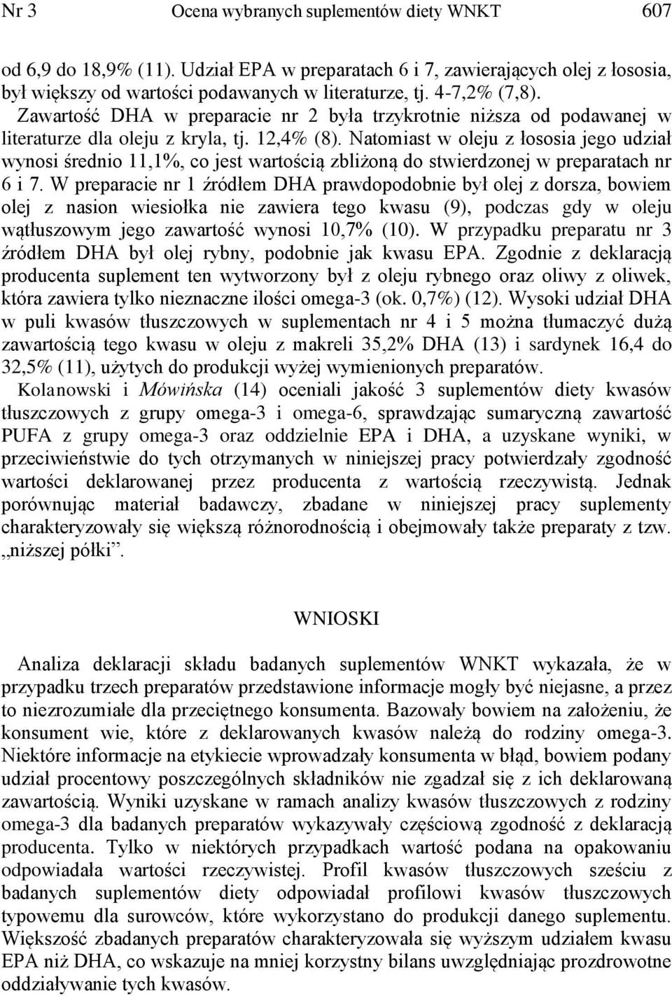 Natomiast w oleju z łososia jego udział wynosi średnio 11,1%, co jest wartością zbliżoną do stwierdzonej w preparatach nr 6 i 7.