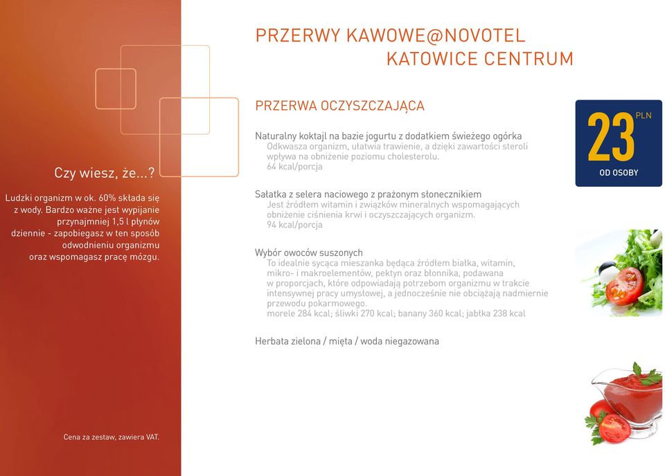 64 kcal/porcja Sałatka z selera naciowego z prażonym słonecznikiem Jest źródłem witamin i związków mineralnych wspomagających obniżenie ciśnienia krwi i oczyszczających organizm.