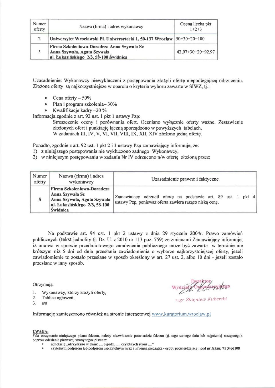 : r Cena ofefi-0vo o Plan i program szkolenia- 30olo o Kwalifikacjekadryl0% nformacja zgodnie z art. 92 ust. pkt ustawy Pzp: Streszczenie oceny i por6wnania ofert. Oceniano wyl4cmie waine.