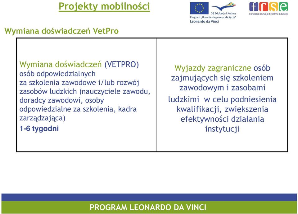 szkolenia, kadra zarządzająca) 1-6 tygodni Wyjazdy zagraniczne osób zajmujących się szkoleniem