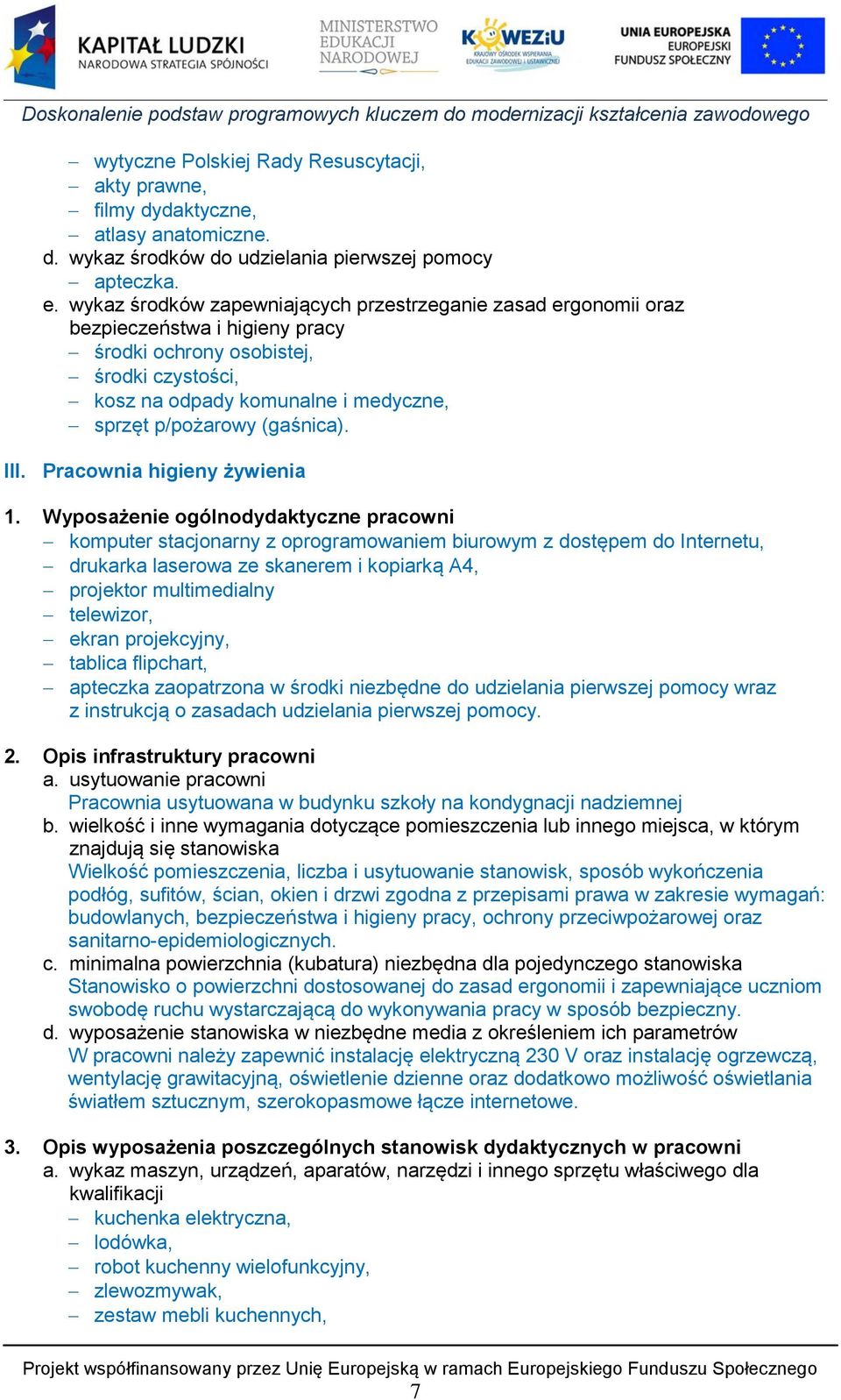 (gaśnica). III. Pracownia higieny żywienia 1.