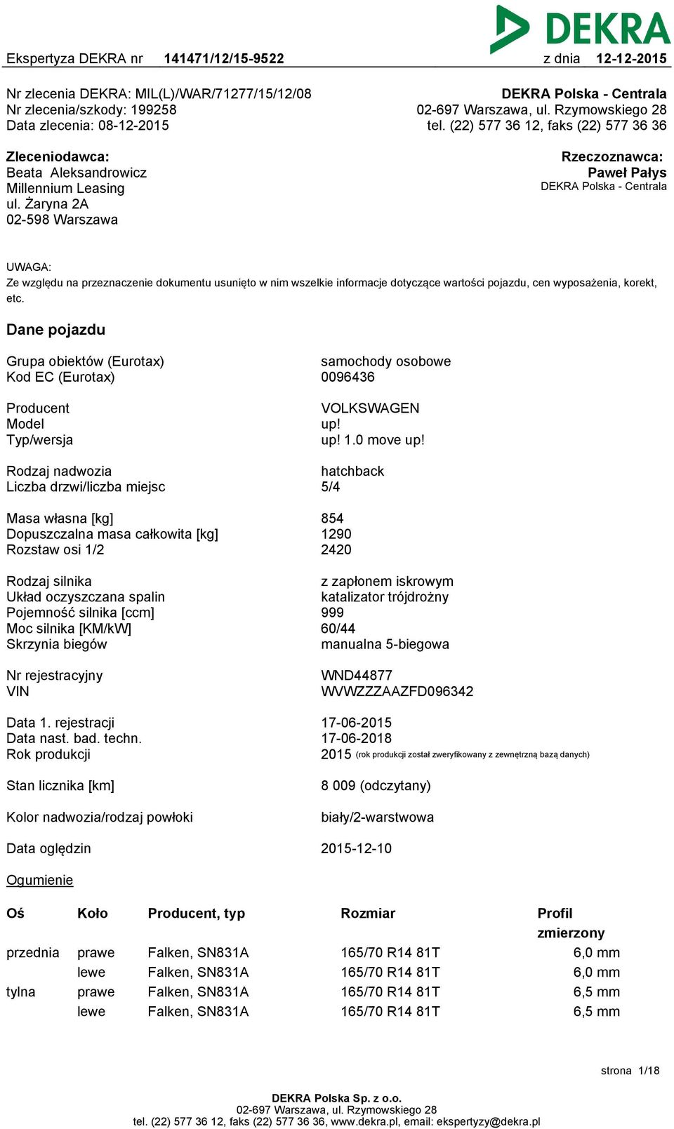 Żaryna 2A 02-598 Warszawa Rzeczoznawca: Paweł Pałys DEKRA Polska - Centrala UWAGA: Ze względu na przeznaczenie dokumentu usunięto w nim wszelkie informacje dotyczące wartości pojazdu, cen