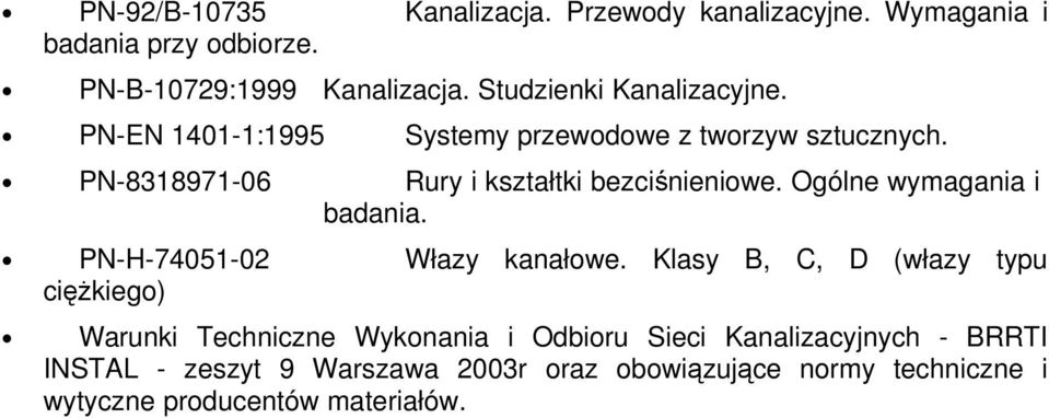 PN-8318971-06 Rury i kształtki bezciśnieniowe. Ogólne wymagania i badania. PN-H-74051-02 Włazy kanałowe.