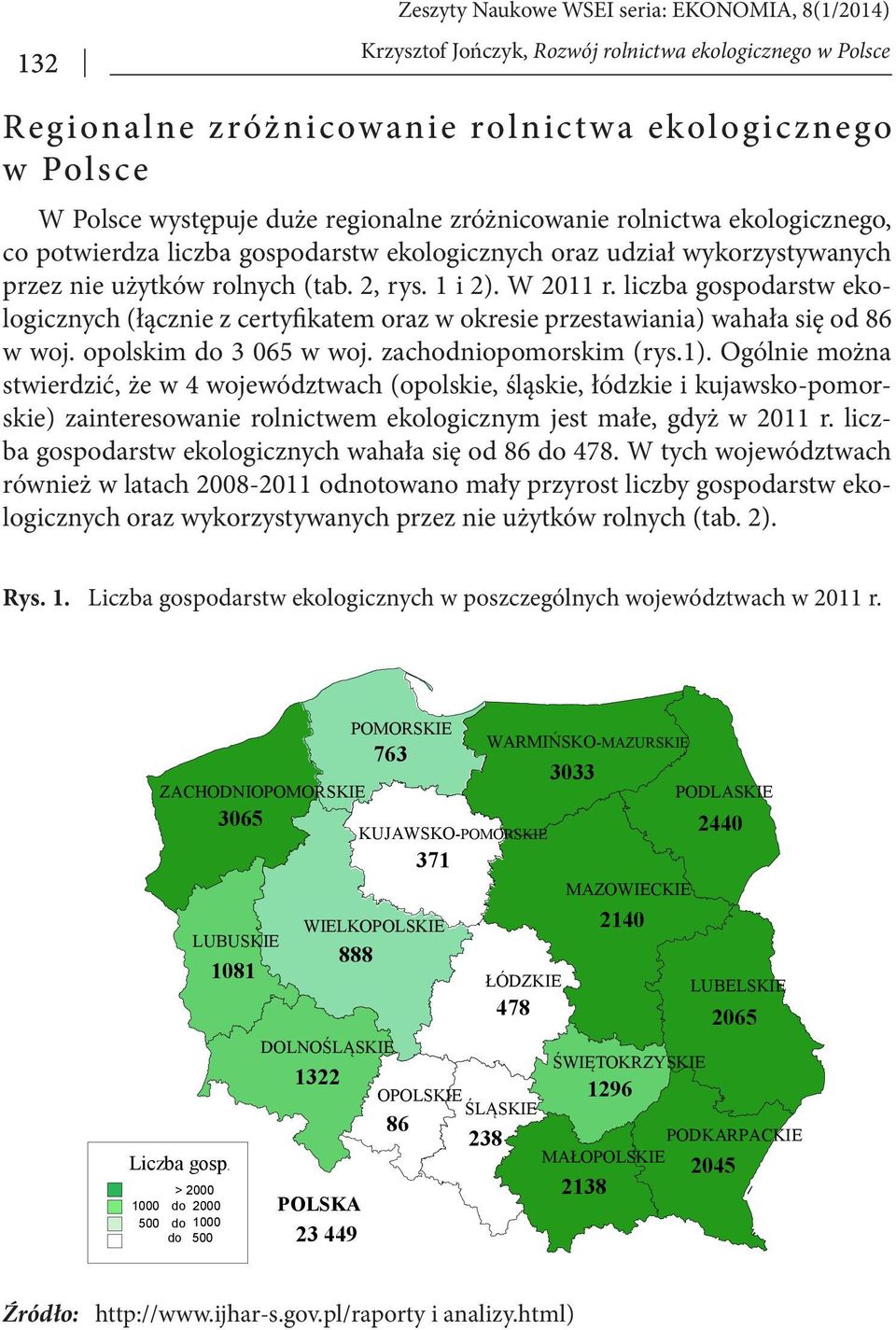 liczba gospodarstw ekologicznych (łącznie z certyfikatem oraz w okresie przestawiania) wahała się od 86 w woj. opolskim do 3 065 w woj. zachodniopomorskim (rys.1).