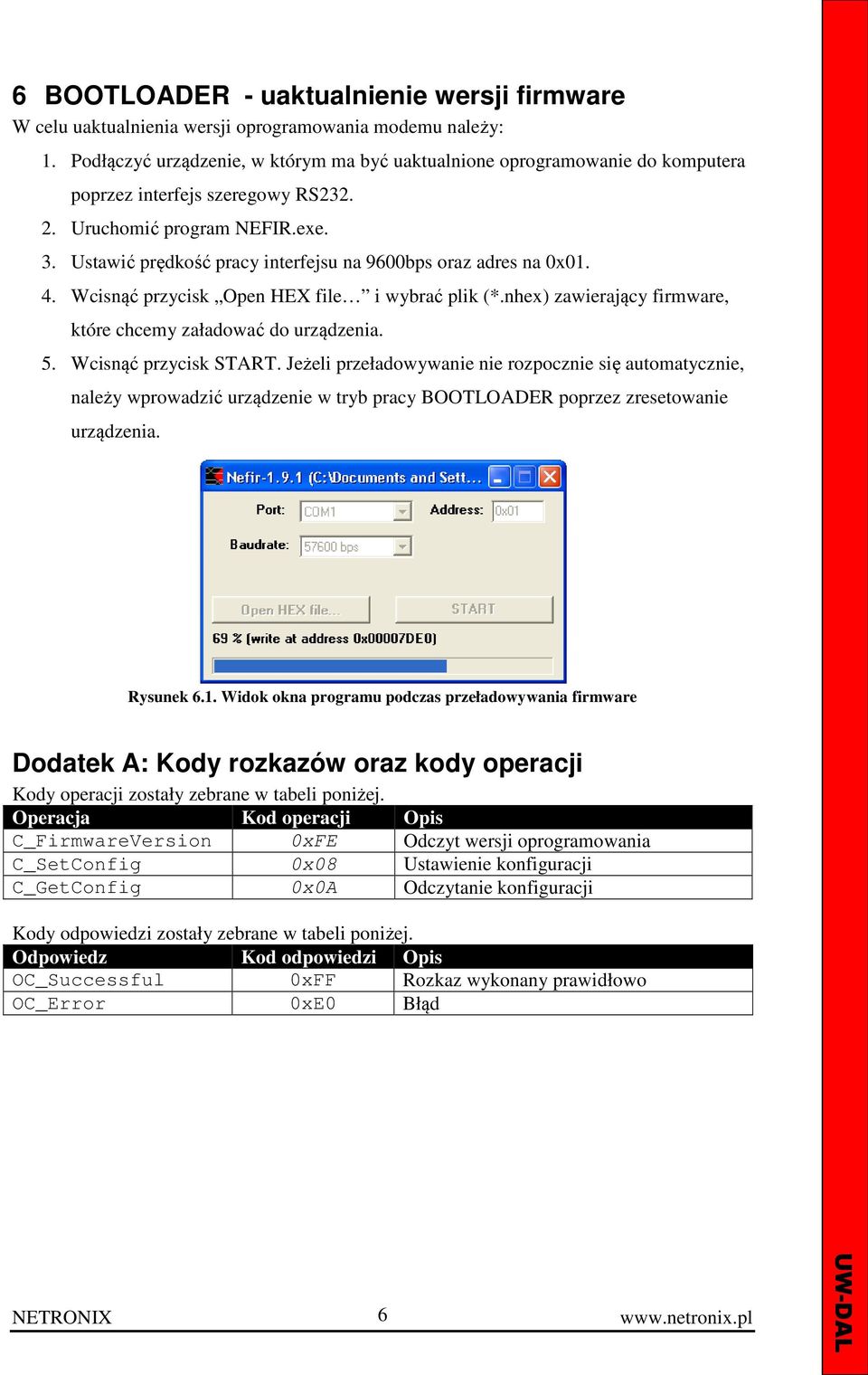 Ustawić prędkość pracy interfejsu na 9600bps oraz adres na 0x01. 4. Wcisnąć przycisk Open HEX file i wybrać plik (*.nhex) zawierający firmware, które chcemy załadować do urządzenia. 5.