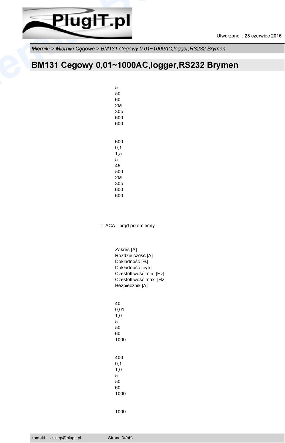 Rozdzielczość [A] Dokładność [cyfr] Częstotliwość min.