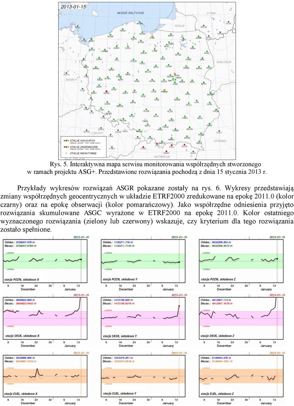 Wykresy przedstawiają zmiany współrzędnych geocentrycznych w układzie ETRF2000 zredukowane na epokę 2011.