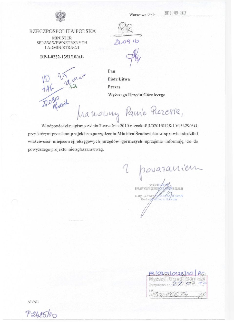 znak: PR/0201/0128/10/15329/AG, przy którym przesłano projekt rozporządzenia Ministra Środowiska w sprawie siedzib i właściwości miejscowej