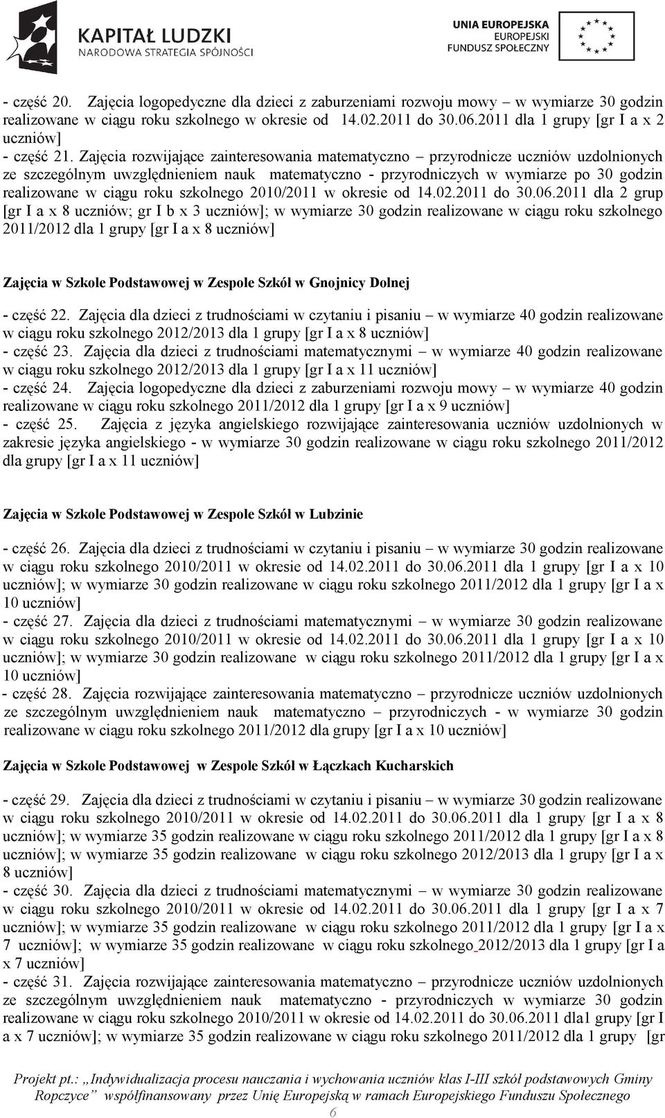 Zajęcia rozwijające zainteresowania matematyczno przyrodnicze uczniów uzdolnionych ze szczególnym uwzględnieniem nauk matematyczno - przyrodniczych w wymiarze po 30 godzin realizowane w ciągu roku
