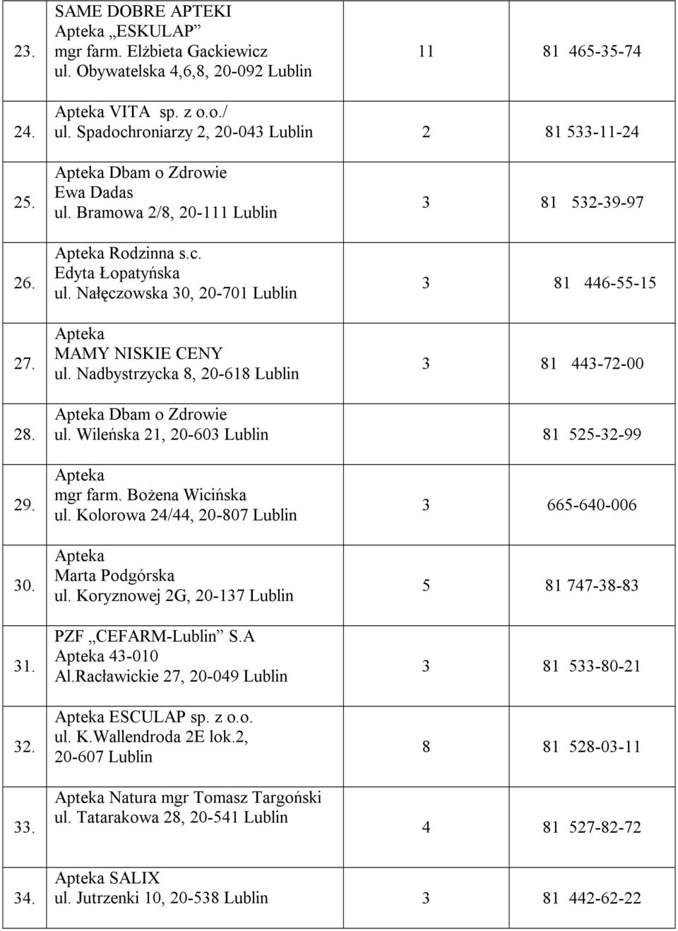 Nadbystrzycka 8, 20-618 Lublin 3 81 532-39-97 3 81 446-55-15 3 81 443-72-00 28. Dbam o Zdrowie ul. Wileńska 21, 20-603 Lublin 81 525-32-99 29. 30. 31. 32. 33. mgr farm. Bożena Wicińska ul.