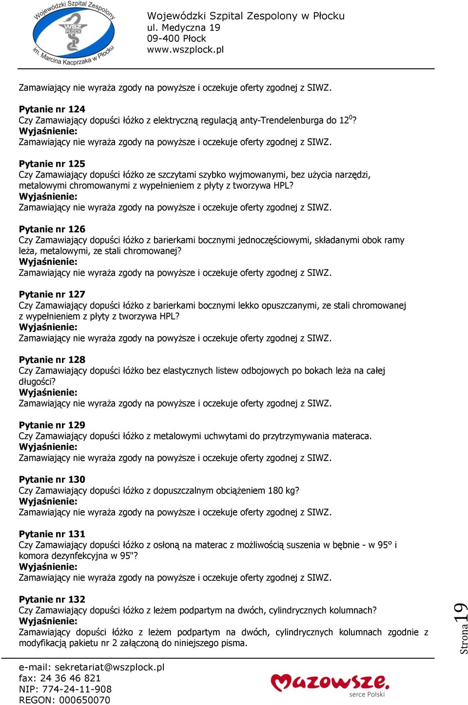 Pytanie nr 126 Czy Zamawiający dopuści łóżko z barierkami bocznymi jednoczęściowymi, składanymi obok ramy leża, metalowymi, ze stali chromowanej?