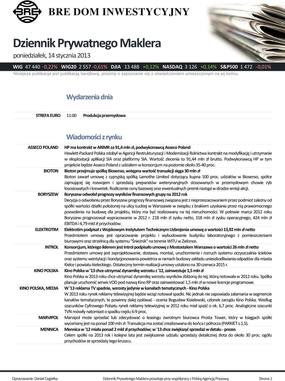Wydarzenia dnia STREFA EURO 11:00 Produkcja przemysłowa ASSECO POLAND BIOTON BORYSZEW ELEKTROTIM INTROL KINO KINO, MEDIA MARVIPOL MENNICA Wiadomości z rynku HP ma kontrakt w ARiMR za 91,4 mln zł,