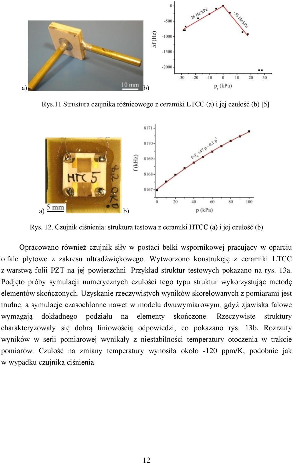 Wytworzono konstrukcję z ceramiki LTCC z warstwą folii PZT na jej powierzchni. Przykład struktur testowych pokazano na rys. 13a.