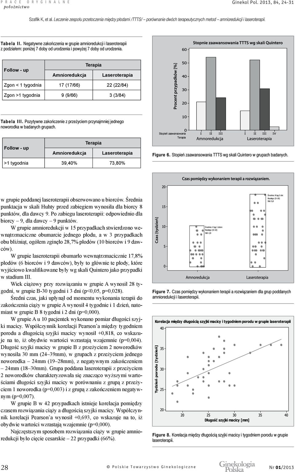 Follow - up Amnioredukcja Terapia Laseroterapia Zgon < 1 tygodnia 17 (17/66) 22 (22/84) Zgon >1 tygodnia 9 (9/66) 3 (3/84) Tabela III.
