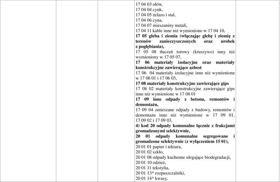 06 04 materiały izolacyjne inne niŝ wymienione w 17 06 01 i 17 06 03, 17 08 materiały konstrukcyjne zawierające gips 17 08 02 materiały konstrukcyjne zawierające gips inne niŝ wymienione w 17 08 01