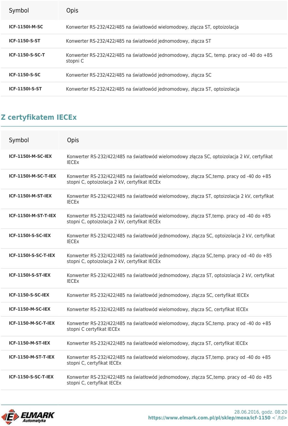 pracy od -40 do +85 ICF-1150-S-SC Konwerter RS-232/422/485 na światłowód jednomodowy, złącza SC ICF-1150I-S-ST Konwerter RS-232/422/485 na światłowód jednomodowy, złącza ST, optoizolacja Z