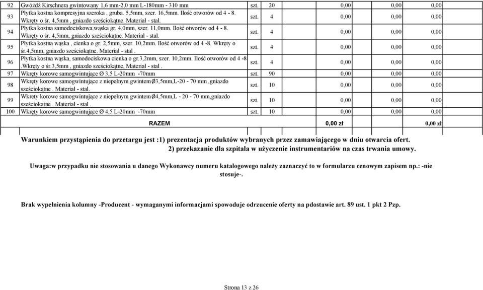 Materiał - stal. szt. 4 0,00 0,00 0,00 95 Płytka kostna wąska, cienka o gr. 2,5mm, szer. 10,2mm. Ilość otworów od 4-8. Wkręty o śr.4,5mm, gniazdo sześciokątne. Materiał - stal. szt. 4 0,00 0,00 0,00 96 Płytka kostna wąska, samodociskowa cienka o gr.