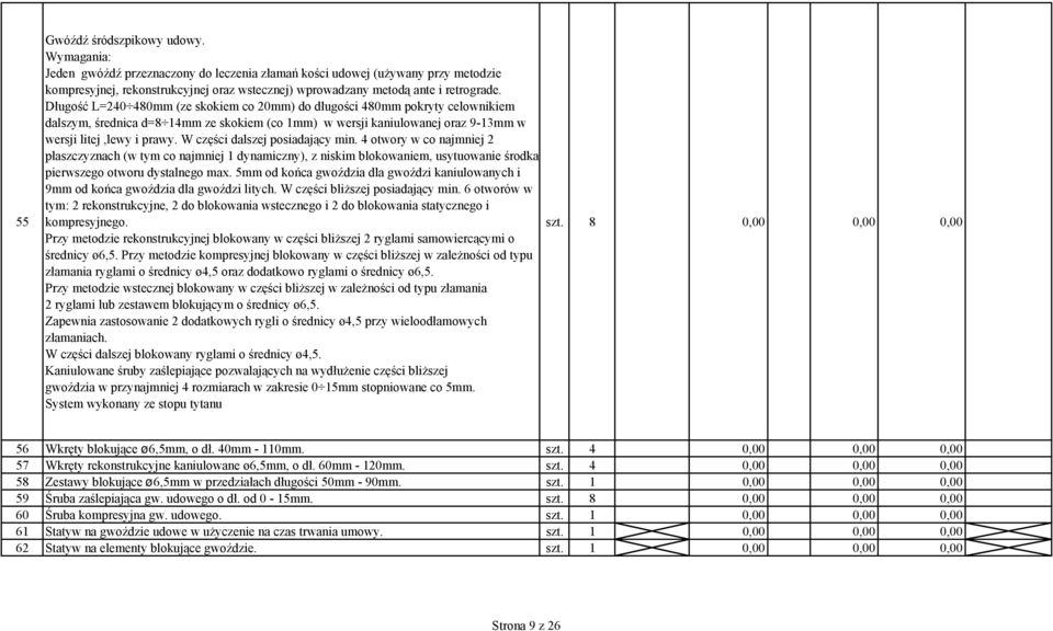 Długość L=240 480mm (ze skokiem co 20mm) do długości 480mm pokryty celownikiem dalszym, średnica d=8 14mm ze skokiem (co 1mm) w wersji kaniulowanej oraz 9-13mm w wersji litej,lewy i prawy.