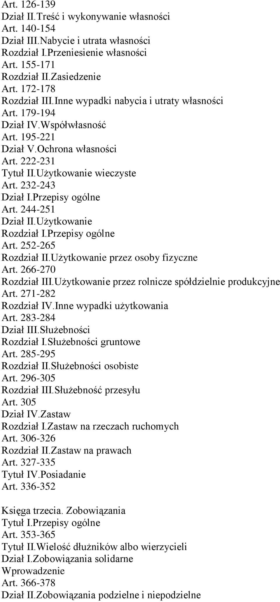 Użytkowanie Art. 252-265 Rozdział II.Użytkowanie przez osoby fizyczne Art. 266-270 Rozdział III.Użytkowanie przez rolnicze spółdzielnie produkcyjne Art. 271-282 Rozdział IV.