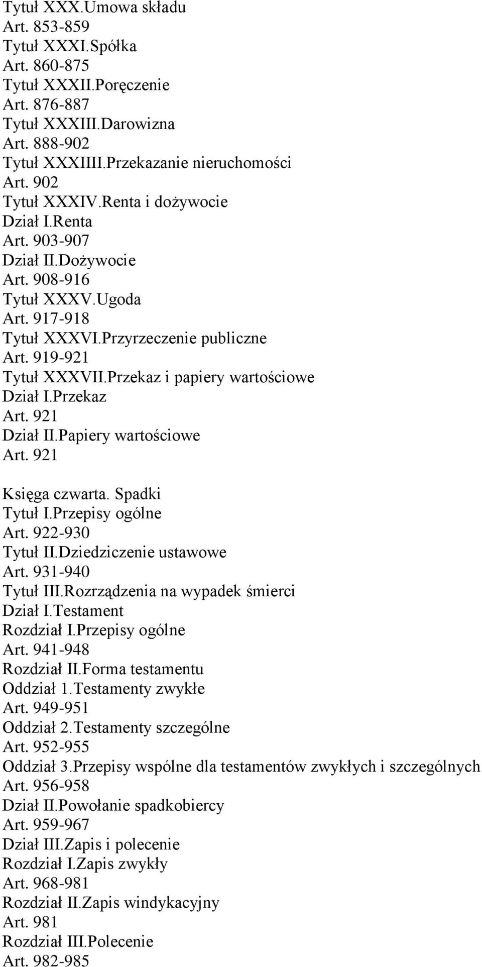Przekaz i papiery wartościowe Dział I.Przekaz Art. 921 Dział II.Papiery wartościowe Art. 921 Księga czwarta. Spadki Tytuł I.Przepisy ogólne Art. 922-930 Tytuł II.Dziedziczenie ustawowe Art.