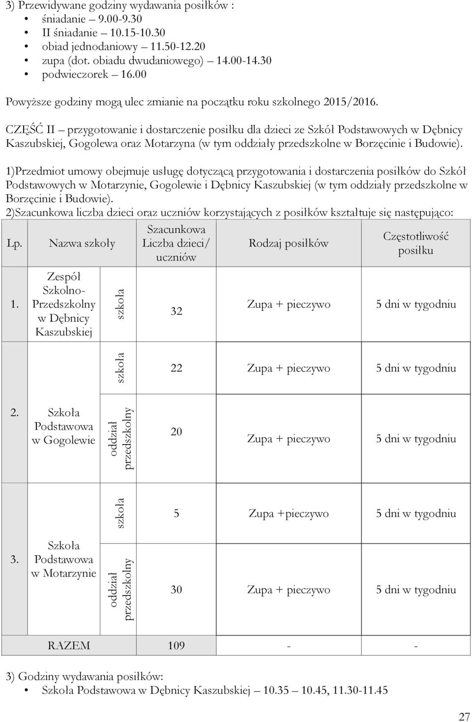 CZĘŚĆ II przygotowanie i dostarczenie posiłku dla dzieci ze Szkół Podstawowych w Dębnicy Kaszubskiej, Gogolewa oraz Motarzyna (w tym oddziały przedszkolne w Borzęcinie i Budowie).