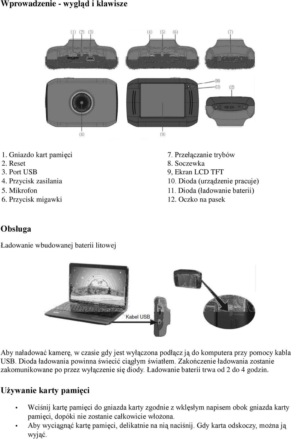 Oczko na pasek Obsługa Ładowanie wbudowanej baterii litowej Aby naładować kamerę, w czasie gdy jest wyłączona podłącz ją do komputera przy pomocy kabla USB.