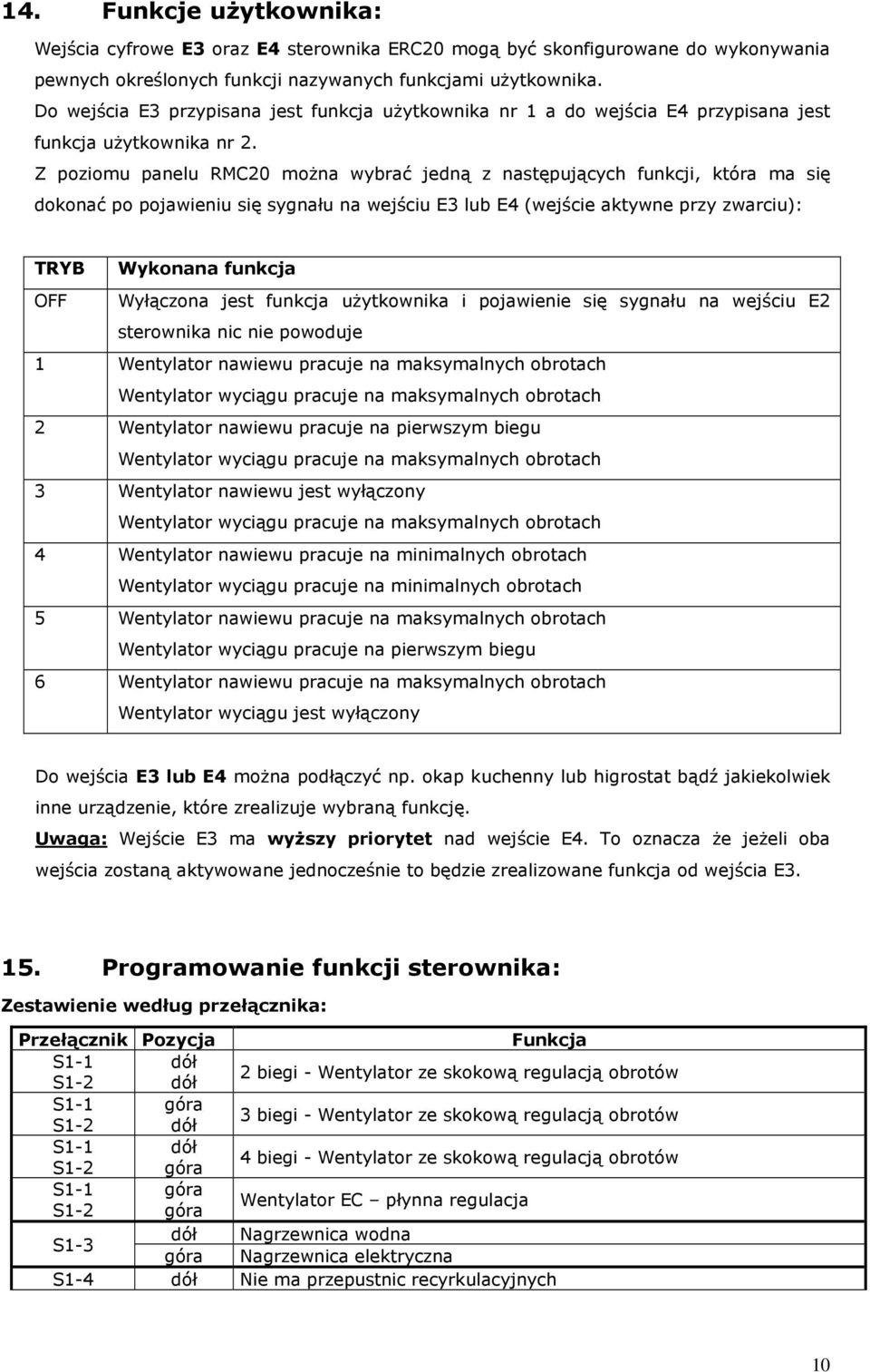 Z poziomu panelu RMC20 można wybrać jedną z następujących funkcji, która ma się dokonać po pojawieniu się sygnału na wejściu E3 lub E4 (wejście aktywne przy zwarciu): TRYB Wykonana funkcja OFF