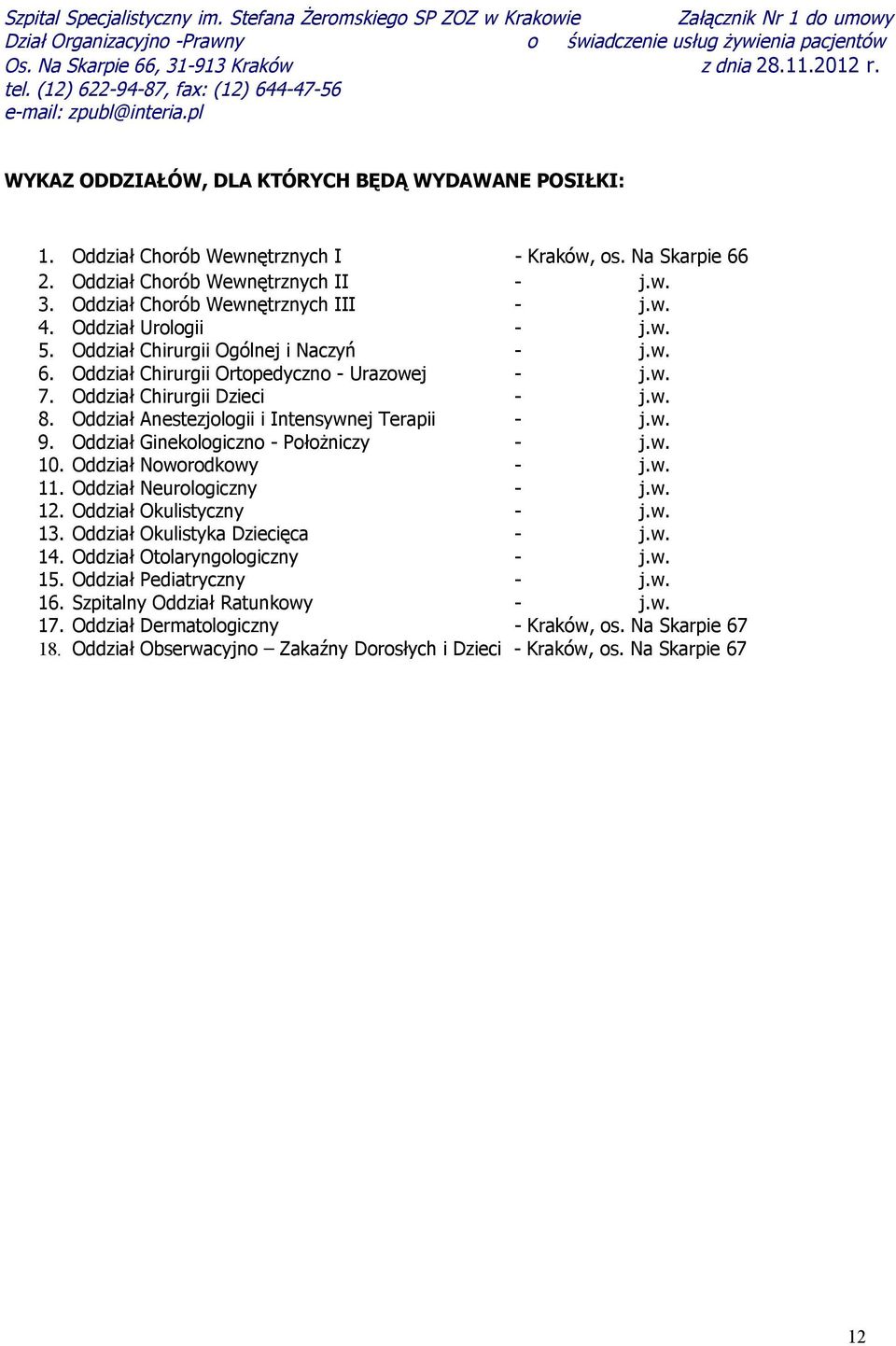 Oddział Chorób Wewnętrznych II - j.w. 3. Oddział Chorób Wewnętrznych III - j.w. 4. Oddział Urologii - j.w. 5. Oddział Chirurgii Ogólnej i Naczyń - j.w. 6.