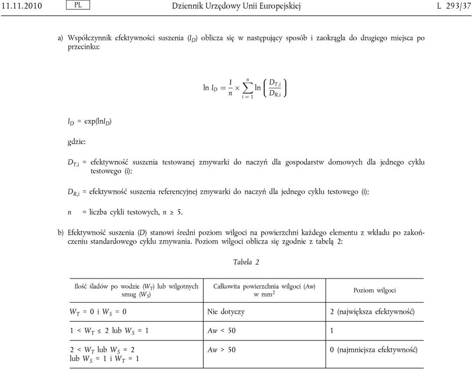 referencyjnej zmywarki do naczyń dla jednego cyklu testowego (i); n = liczba cykli testowych, n 5.
