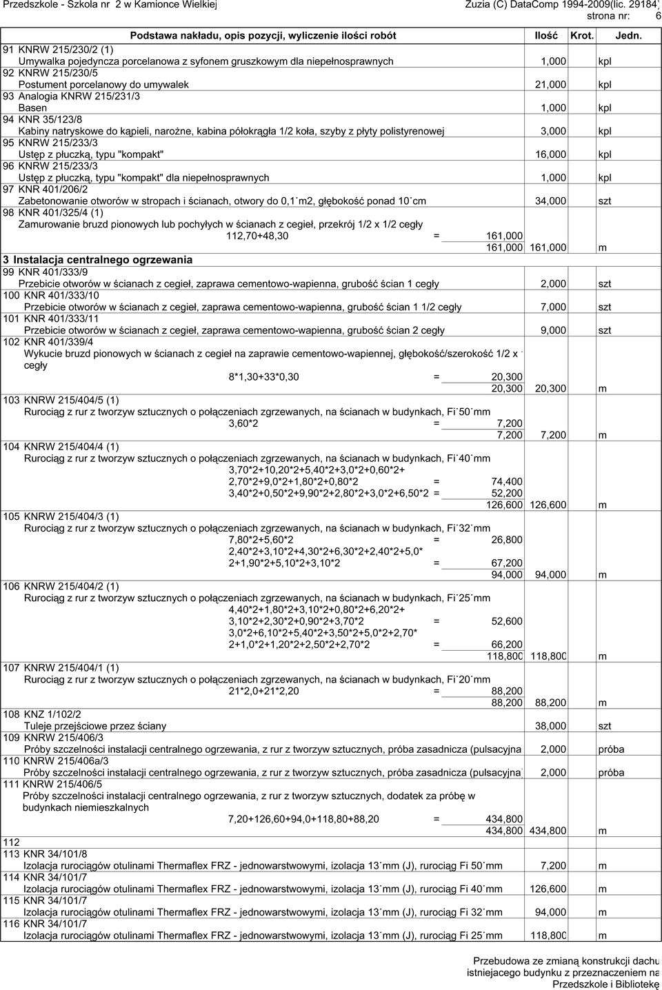 16,000 kpl 96 KNRW 215/233/3 Ustęp z płuczką, typu "kompakt" dla niepełnosprawnych 1,000 kpl 97 KNR 401/206/2 Zabetonowanie otworów w stropach i ścianach, otwory do 0,1 m2, głębokość ponad 10 cm