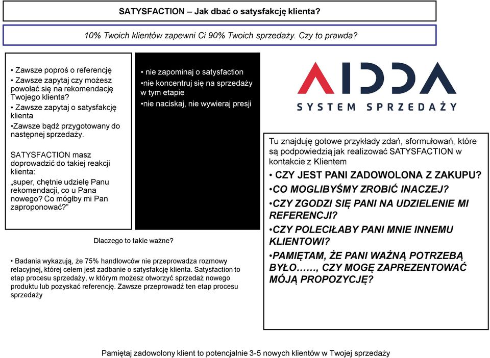 SATYSFACTION masz doprowadzić do takiej reakcji klienta: super, chętnie udzielę Panu rekomendacji, co u Pana nowego? Co mógłby mi Pan zaproponować?