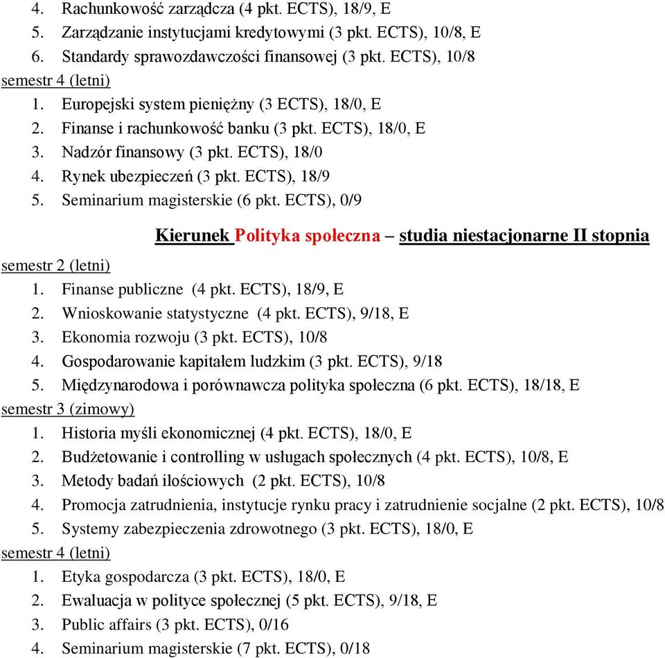 Seminarium magisterskie (6 pkt. ECTS), 0/9 Kierunek Polityka społeczna studia niestacjonarne II stopnia 1. Finanse publiczne (4 pkt. ECTS), 18/9, E 2. Wnioskowanie statystyczne (4 pkt.