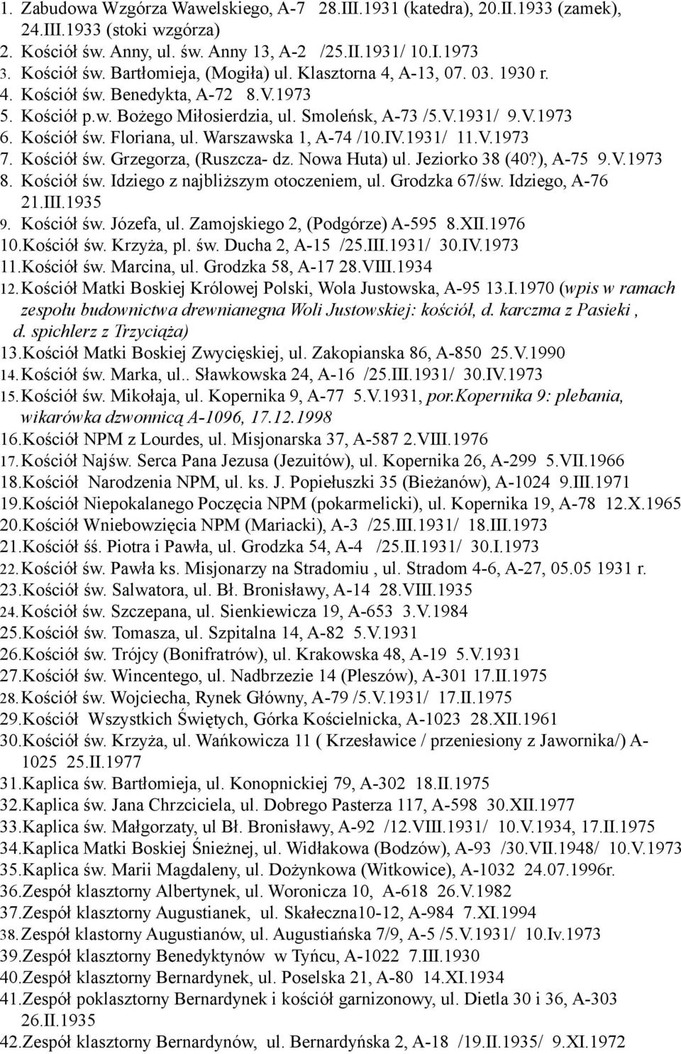 Warszawska 1, A-74 /10.IV.1931/ 11.V.1973 7. Kościół św. Grzegorza, (Ruszcza- dz. Nowa Huta) ul. Jeziorko 38 (40?), A-75 9.V.1973 8. Kościół św. Idziego z najbliższym otoczeniem, ul. Grodzka 67/św.