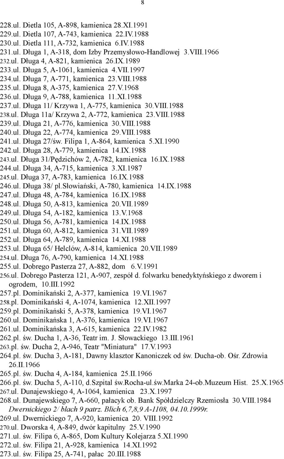 XI.1988 237.ul. Długa 11/ Krzywa 1, A-775, kamienica 30.VIII.1988 238.ul. Długa 11a/ Krzywa 2, A-772, kamienica 23.VIII.1988 239.ul. Długa 21, A-776, kamienica 30.VIII.1988 240.ul. Długa 22, A-774, kamienica 29.