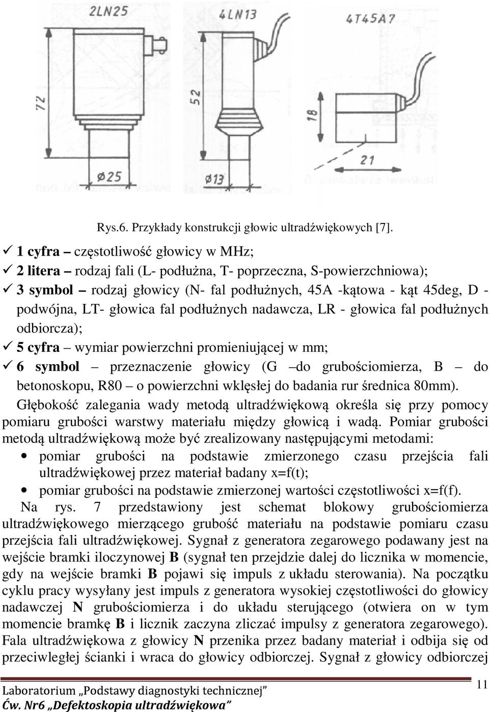 głowica fal podłu nych nadawcza, LR - głowica fal podłu nych odbiorcza); 5 cyfra wymiar powierzchni promieniującej w mm; 6 symbol przeznaczenie głowicy (G do grubościomierza, B do betonoskopu, R80 o