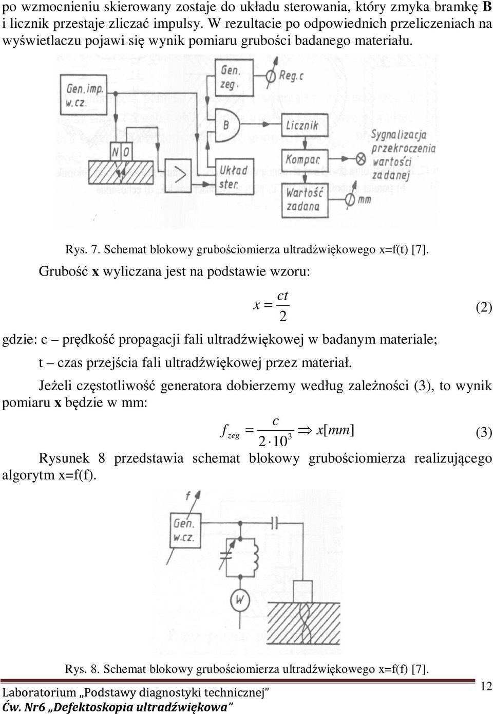 Schemat blokowy grubościomierza ultradźwiękowego x=f(t) [7].