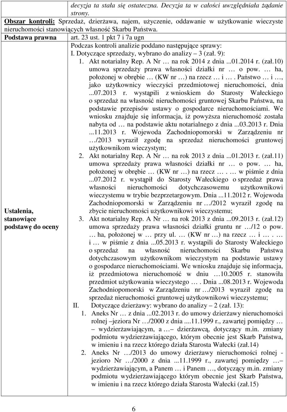 Podstawa prawna Ustalenia, stanowiące podstawę do oceny art. 23 ust. 1 pkt 7 i 7a ugn Podczas kontroli analizie poddano następujące sprawy: I. Dotyczące sprzedaży, wybrano do analizy 3 (zał. 9): 1.