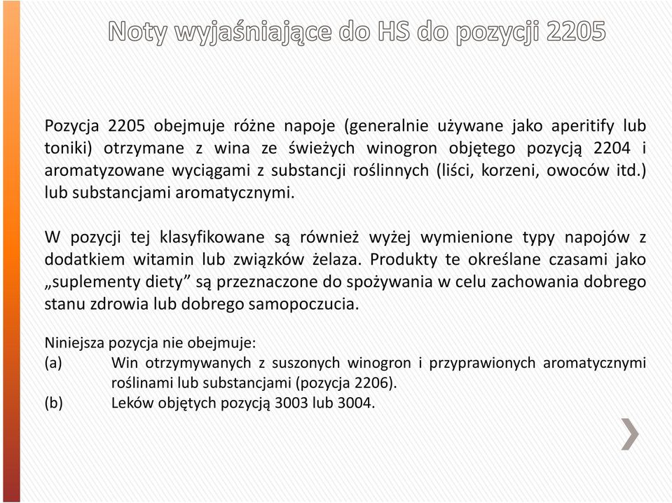 W pozycji tej klasyfikowane są również wyżej wymienione typy napojów z dodatkiem witamin lub związków żelaza.