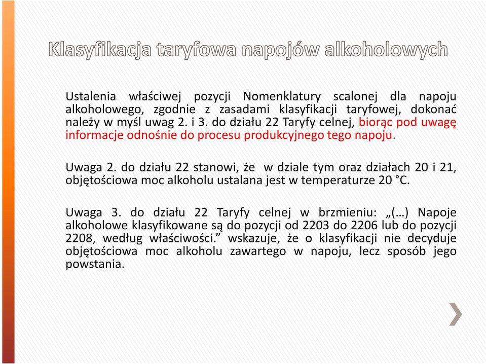 do działu 22 stanowi, że w dziale tym oraz działach 20 i 21, objętościowa moc alkoholu ustalana jest w temperaturze 20 C. Uwaga 3.