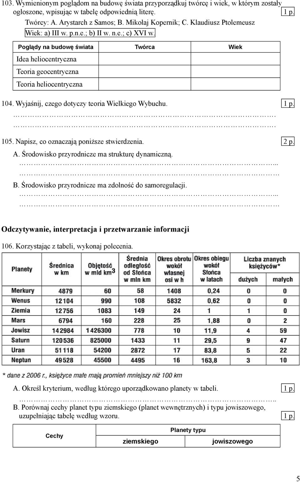 Wyjaśnij, czego dotyczy teoria Wielkiego Wybuchu. 1 p. 105. Napisz, co oznaczają poniższe stwierdzenia. 2 p. A. Środowisko przyrodnicze ma strukturę dynamiczną.... B.