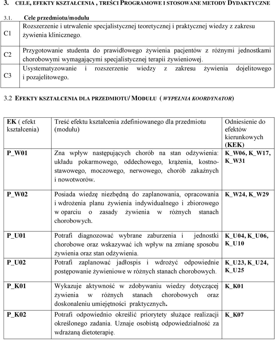 C2 C3 Przygotowanie studenta do prawidłowego żywienia pacjentów z różnymi jednostkami chorobowymi wymagającymi specjalistycznej terapii żywieniowej.