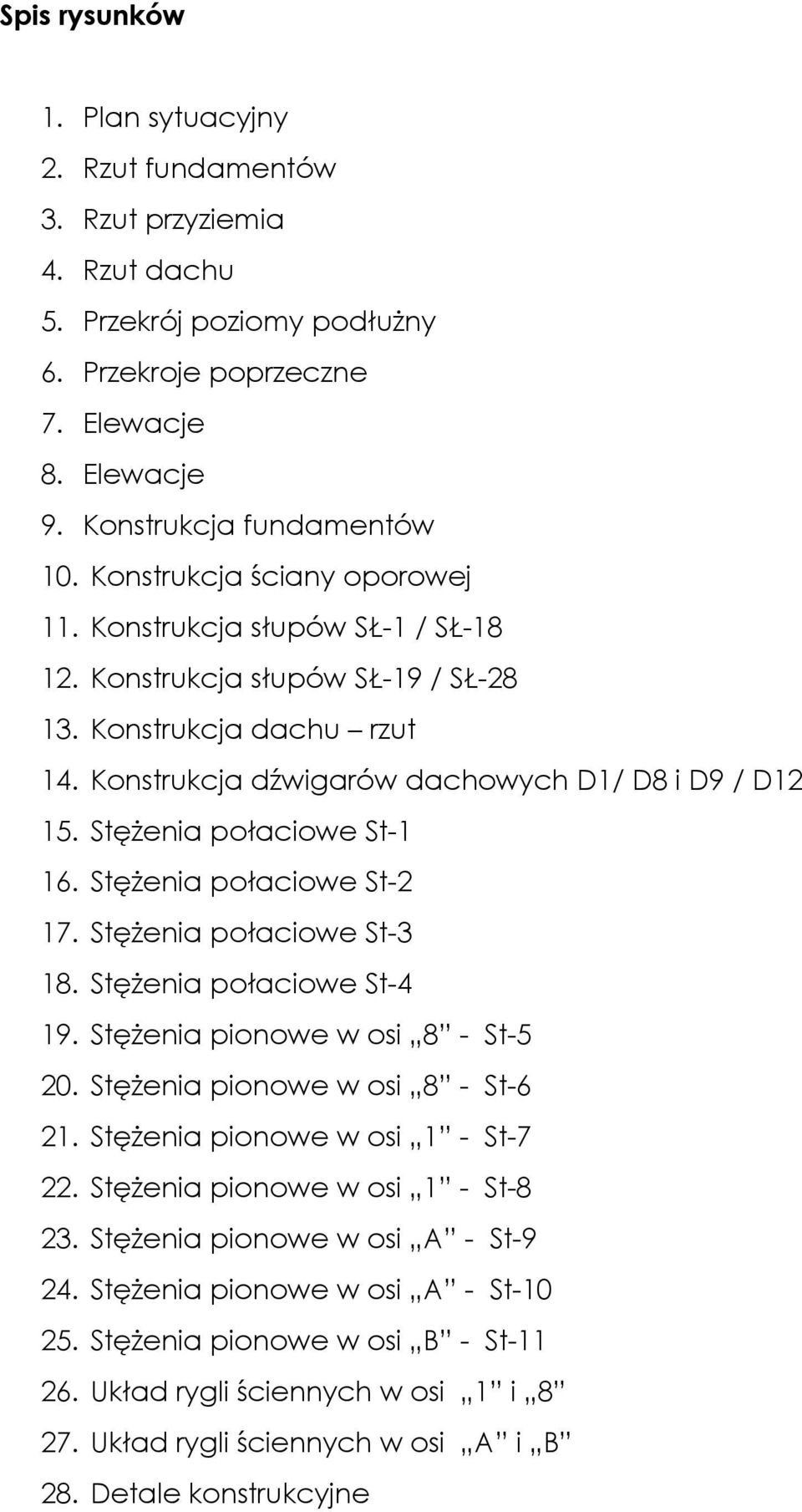 StęŜenia połaciowe St-1 16. StęŜenia połaciowe St-2 17. StęŜenia połaciowe St-3 18. StęŜenia połaciowe St-4 19. StęŜenia pionowe w osi 8 - St-5 20. StęŜenia pionowe w osi 8 - St-6 21.