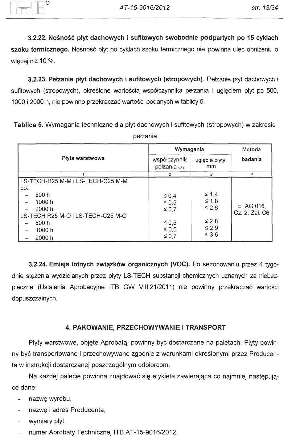 Pelzanie PM dachowychi sufitowych (stropowych), okreslone wartoscia wsp6kzynnika pelzania i uqieciem PM po 500, 1000 i 2000 h, nie powinno przekraczacwartosci podanychw tablicy 5. Tablica 5.